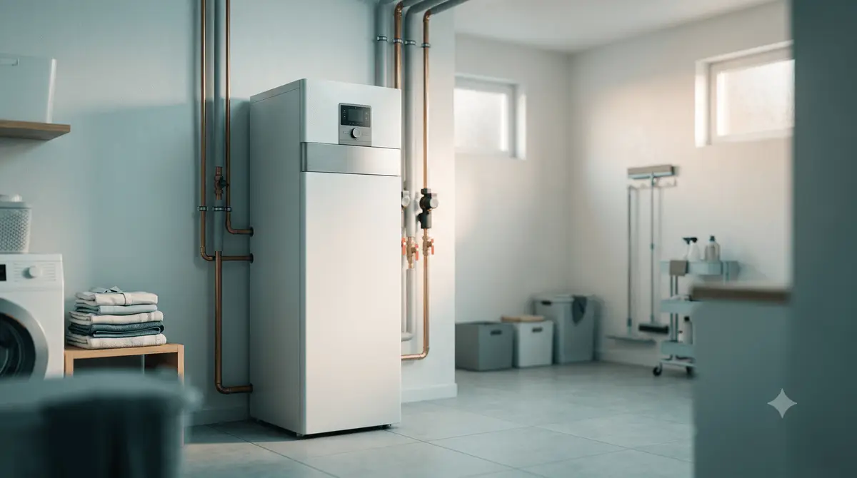 Brauchwasserwärmepumpe mit integriertem Warmwasserspeicher in einem Kellerraum.