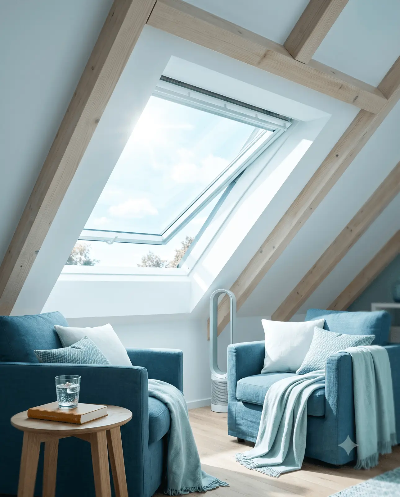 Helle Dachgeschosswohnung mit Dachschrägen und Dachfenstern an einem heißen Sommertag.
