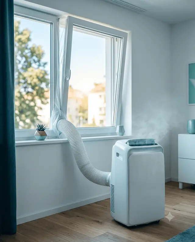 Stoff-Fensterabdichtung mit Reißverschluss an einem gekippten Fenster, durch die der Abluftschlauch einer mobilen Klimaanlage nach außen führt.