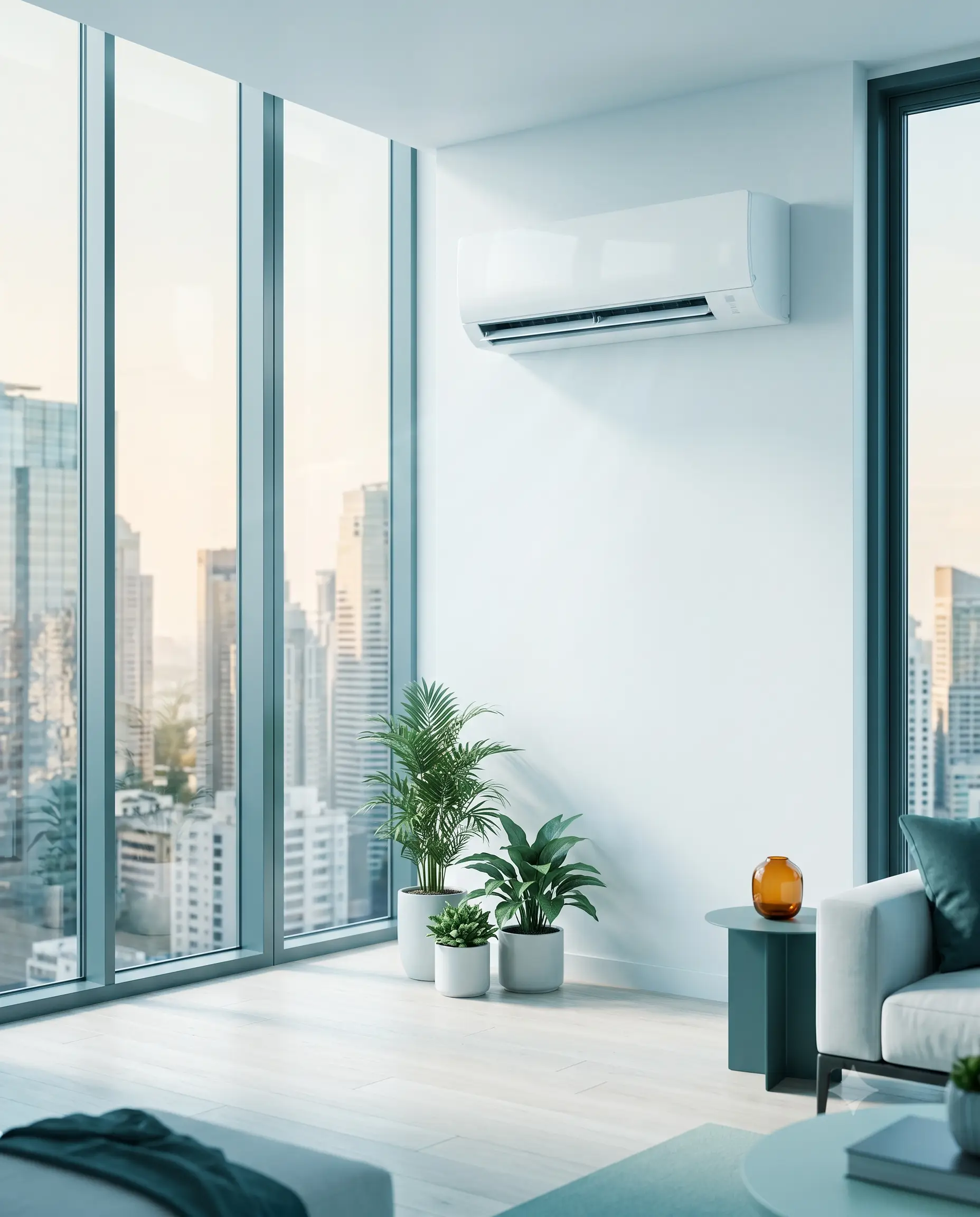 Moderne Split-Klimaanlage in einem hellen Apartment – kühlt im Sommer und heizt als Luft-Luft-Wärmepumpe im Winter