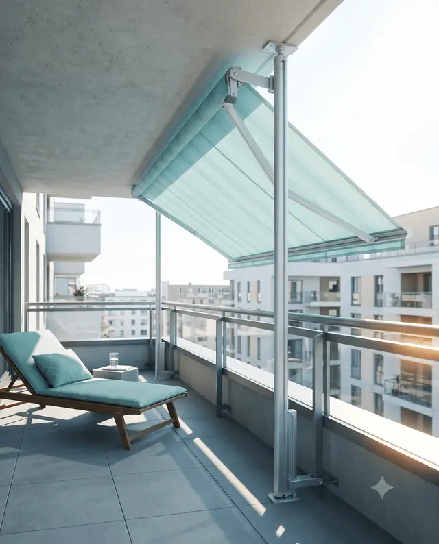 Klemmmarkise ohne Bohren, per Klemmhalter am Balkongeländer und an der Decke montiert, spendet Schatten auf einem sonnigen Balkon.