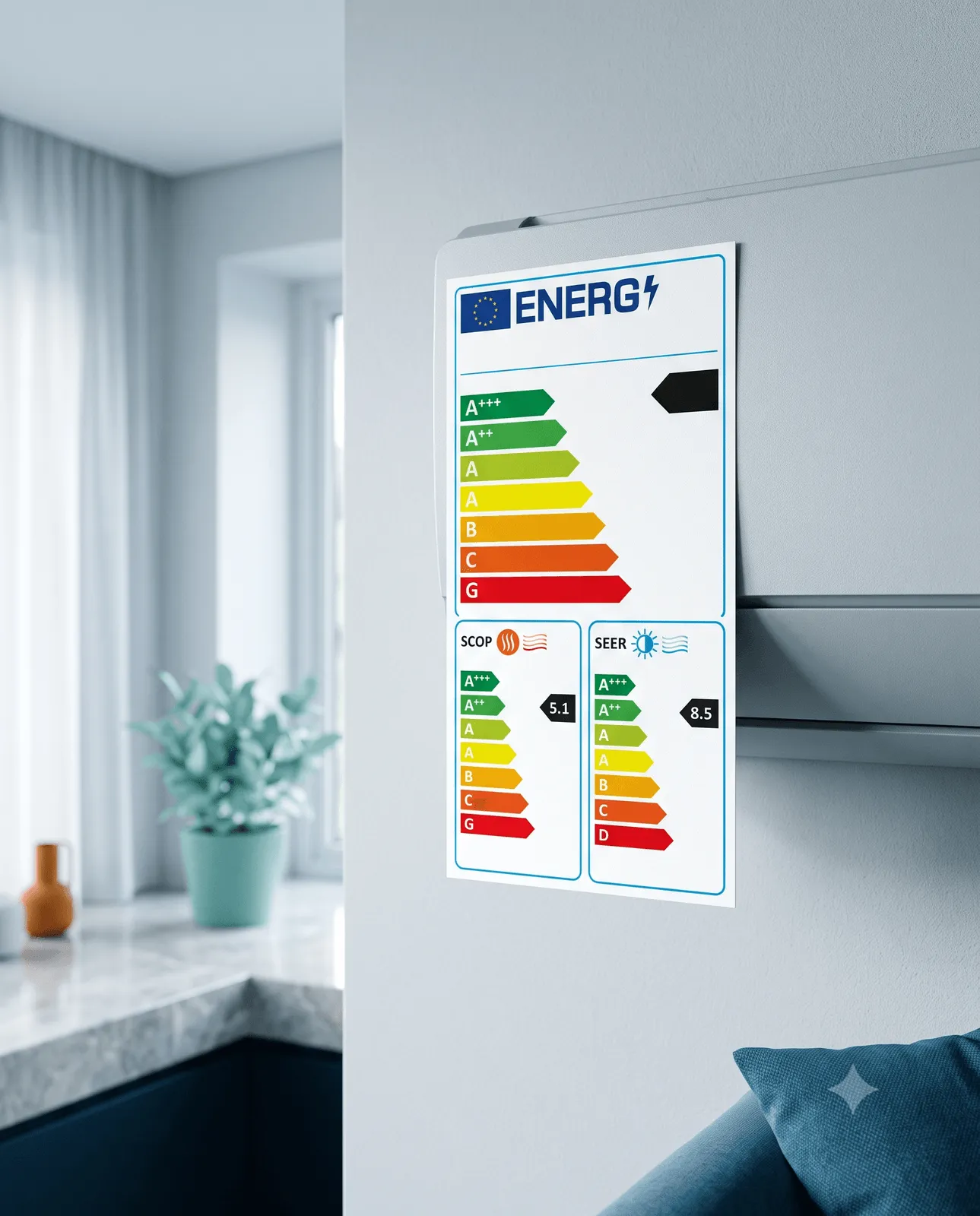 Illustration: Energieeffizienz-Label mit SCOP- und SEER-Werten – Platzhalter, wird durch finales Bild ersetzt