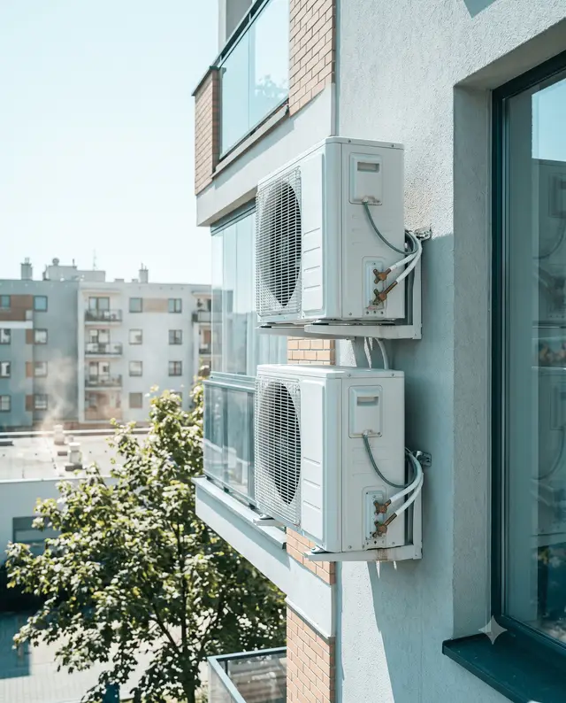 Symbolbild: Klimaanlagen-Außeneinheiten an einer Hausfassade vor sommerlichem Himmel – Sinnbild für das Spannungsfeld zwischen Kühlbedarf und Stromverbrauch.