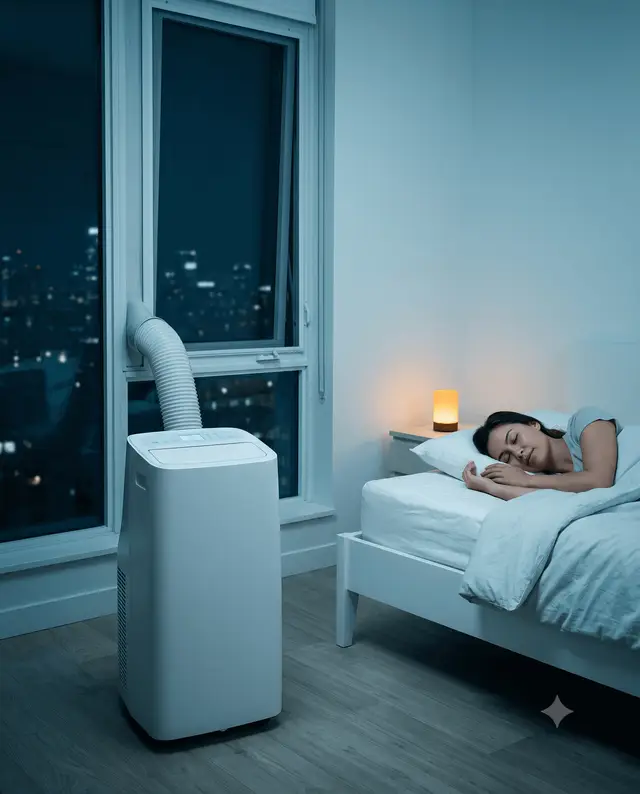 Leises mobiles Klimagerät in einem ruhigen Schlafzimmer bei Nacht.