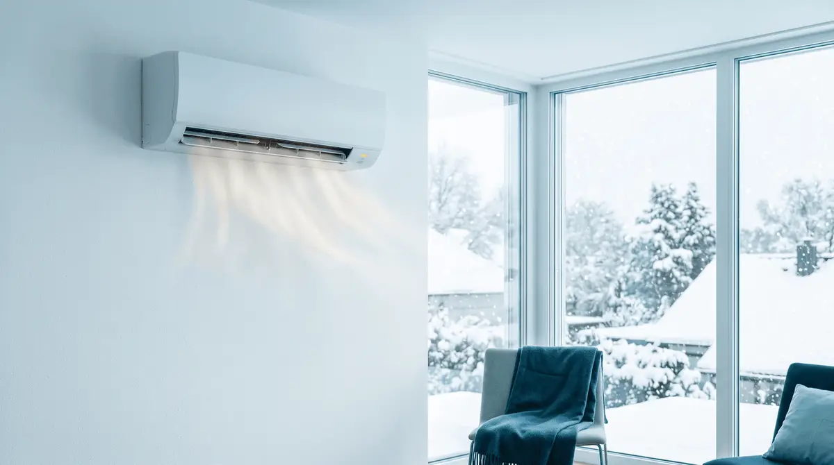 Split-Innengerät an der Wand, das im Winter warme Luft in einen Wohnraum bläst – Luft-Luft-Wärmepumpe im Heizbetrieb.