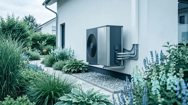 Luft-Wasser-Wärmepumpe als Außeneinheit vor einem Wohnhaus.