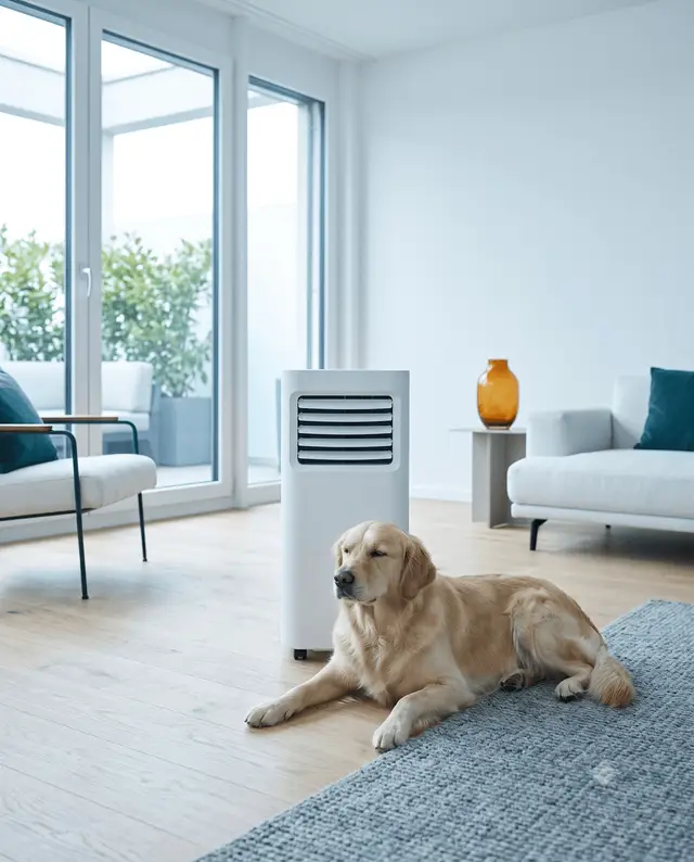 Mobiler Luftkühler (Air Cooler) ohne Abluftschlauch in einem hellen Wohnraum neben einem Fenster.