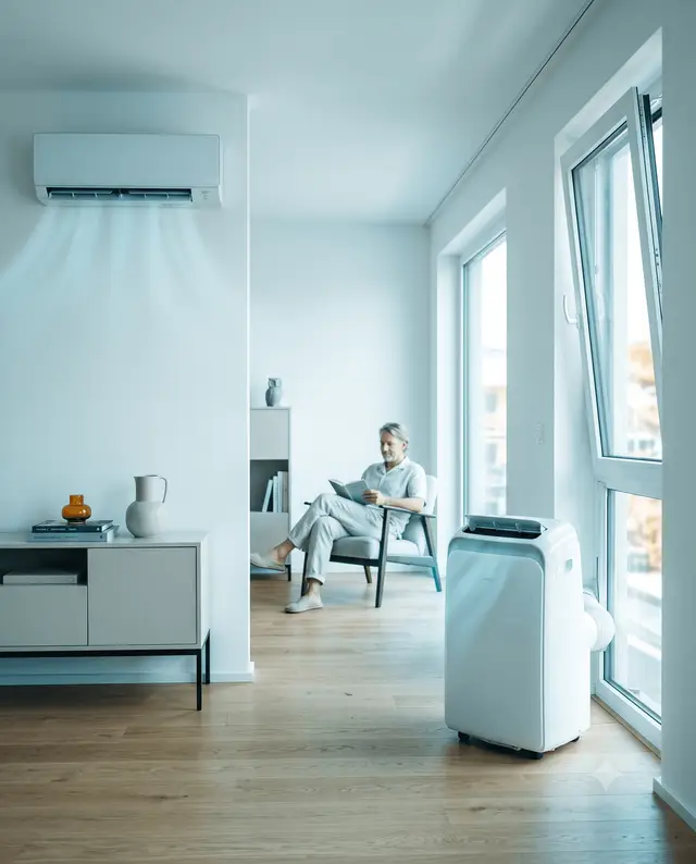 Mobiles Monoblock-Klimagerät und fest installierte Split-Klimaanlage im direkten Vergleich.