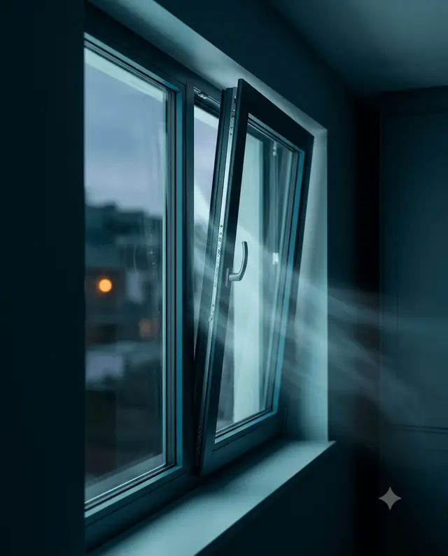 Geöffnetes Fenster am frühen Morgen zum kühlen Querlüften einer Wohnung.