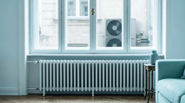 Klassischer Heizkörper in einem Altbau-Wohnzimmer, daneben eine moderne Wärmepumpen-Außeneinheit.