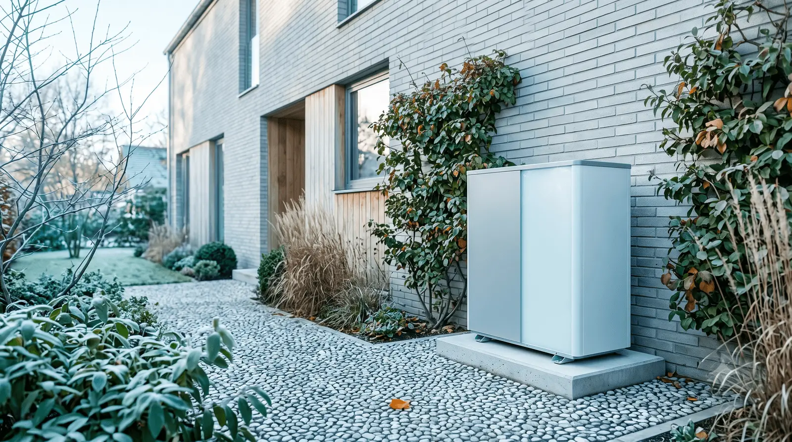 Wärmepumpe vor einem Wohnhaus im Winterlicht