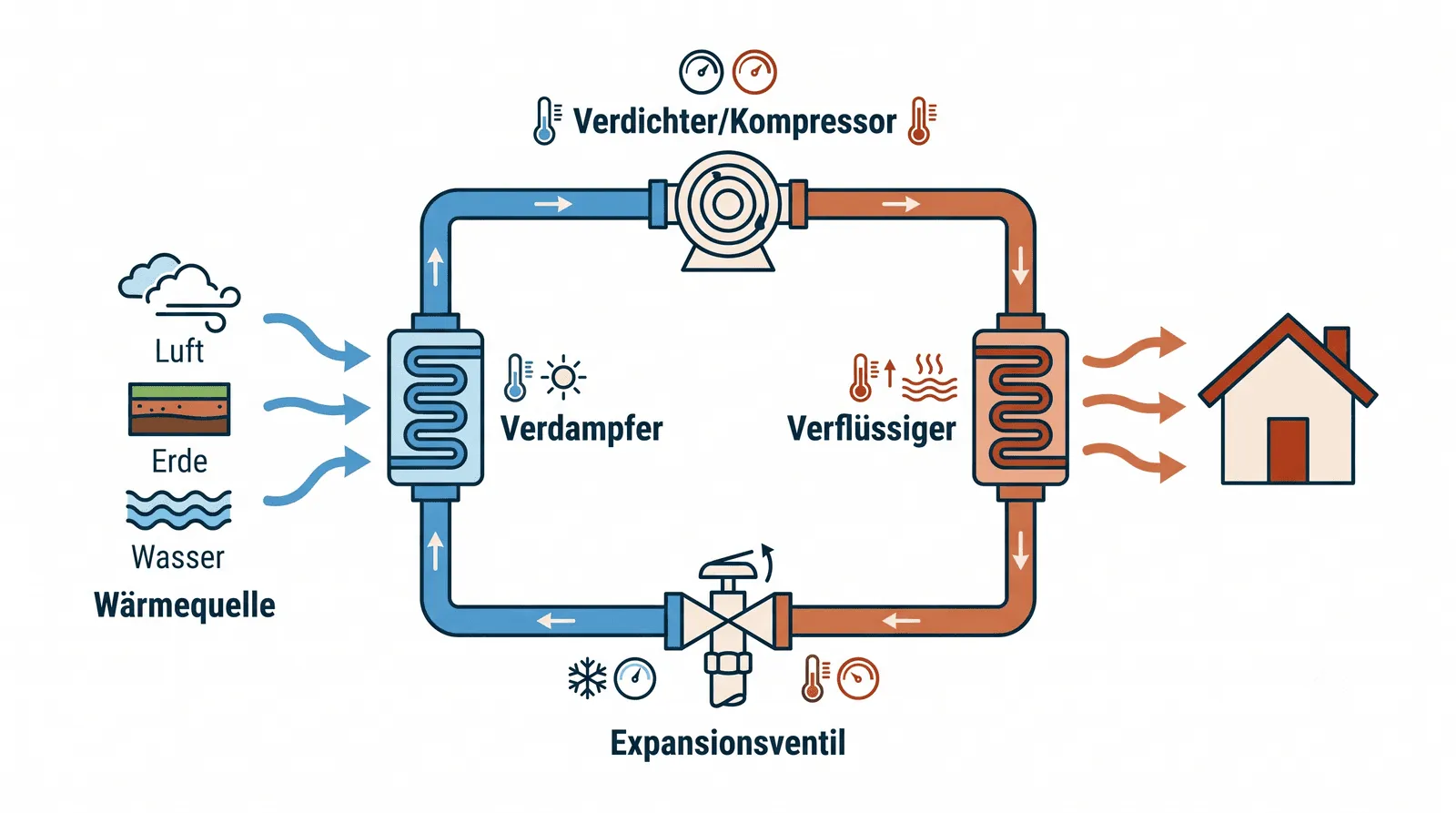 Infografik des Kältekreislaufs einer Wärmepumpe mit Verdampfer, Verdichter, Verflüssiger und Expansionsventil (Platzhalter, wird durch finale Infografik ersetzt).