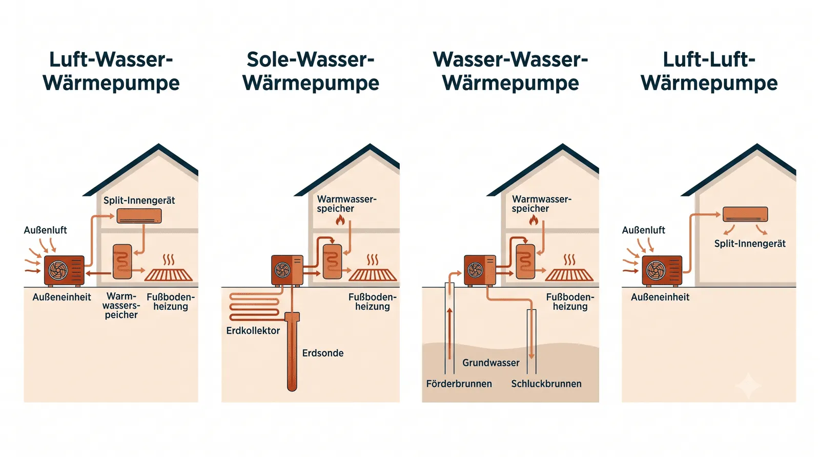 Infografik: die vier Wärmepumpen-Typen und ihre jeweilige Wärmequelle im Vergleich (Platzhalter, wird durch finale Infografik ersetzt).